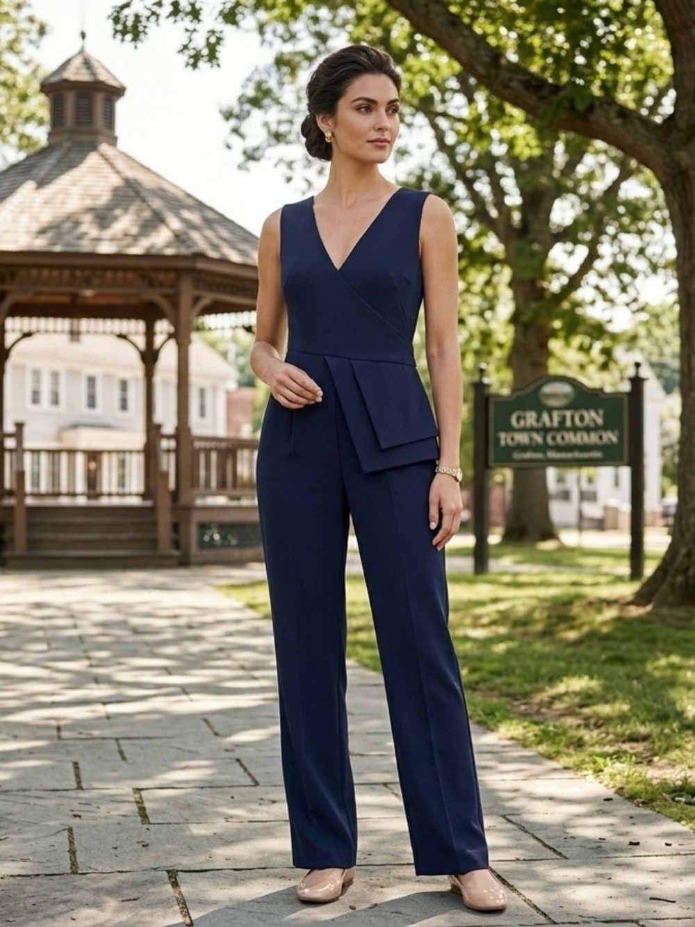 NWOT Navy Sleeveless V-Neck Jumpsuit with Peplum Waist